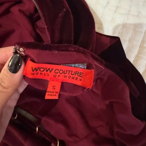 Deep Red Velvet Dress with Gold Side Ties - Picture 3 of 9